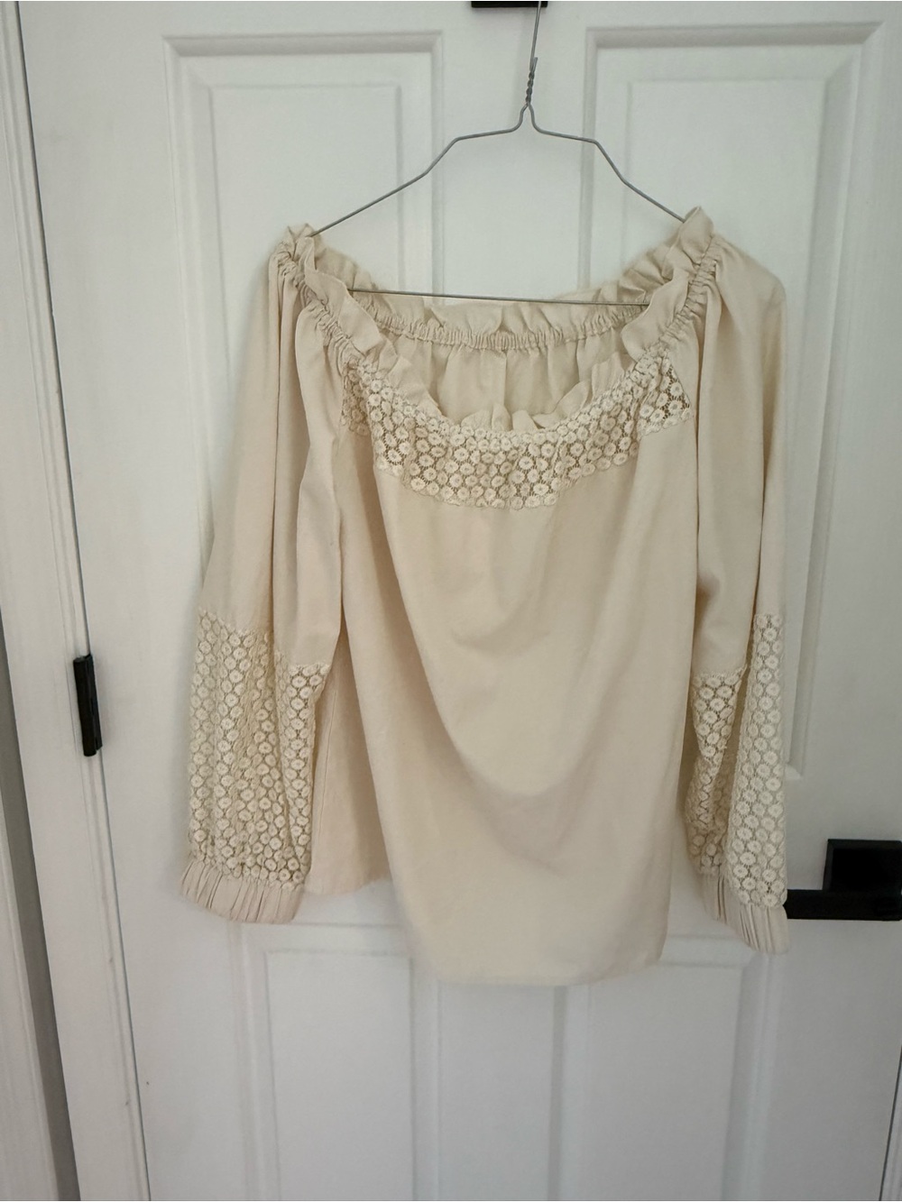 SHEIN Cream Off-Shoulder Blouse with Lace Insets